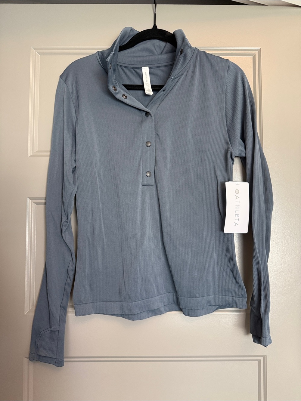 Athleta Ribbed Snap-Front Long Sleeve Top in Dusty Blue Gray